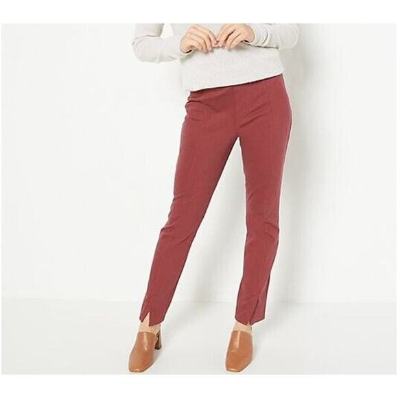 ISAAC MIZRAHI LIVE! NEW $60 Full-Length Knit Jeans w/ Vent Rum Raisin Size 0P - Picture 1 of 5
